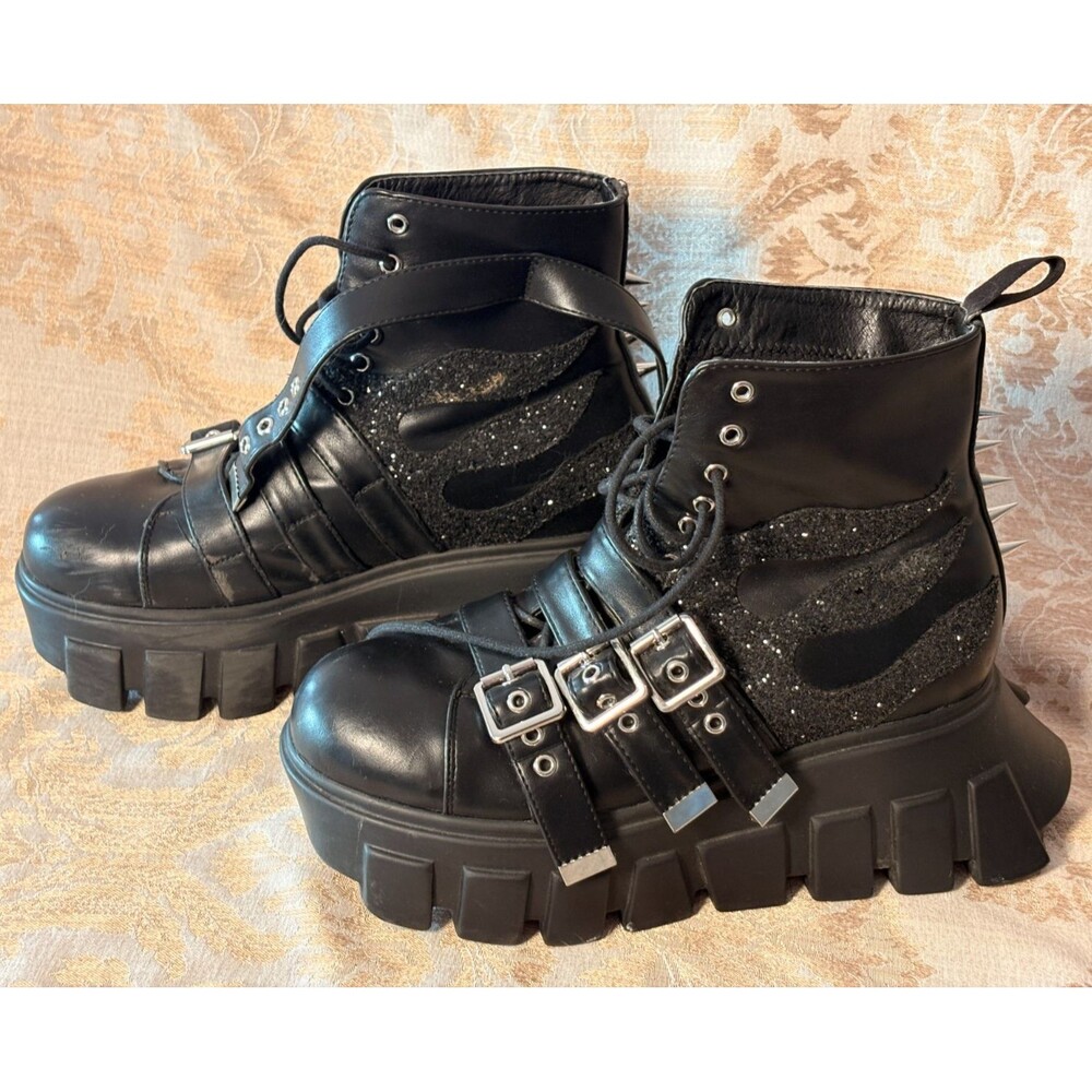 Dolls Kill Lamoda Platform Gothic Ankle Black Combat Moto Boots Buckle Spikes 8